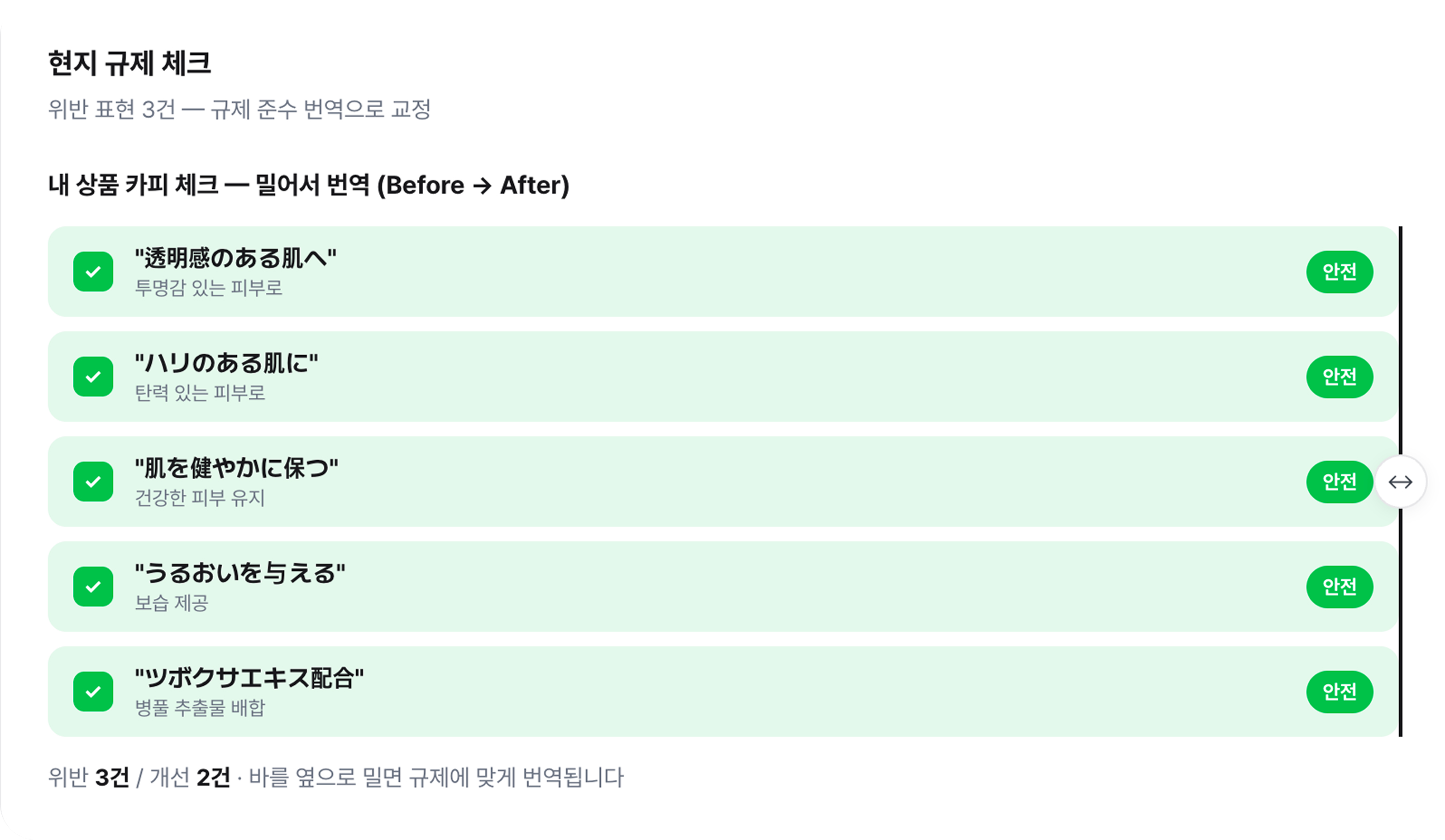현지 규제 체크 — 규제 준수 번역으로 교정 완료, 전건 안전