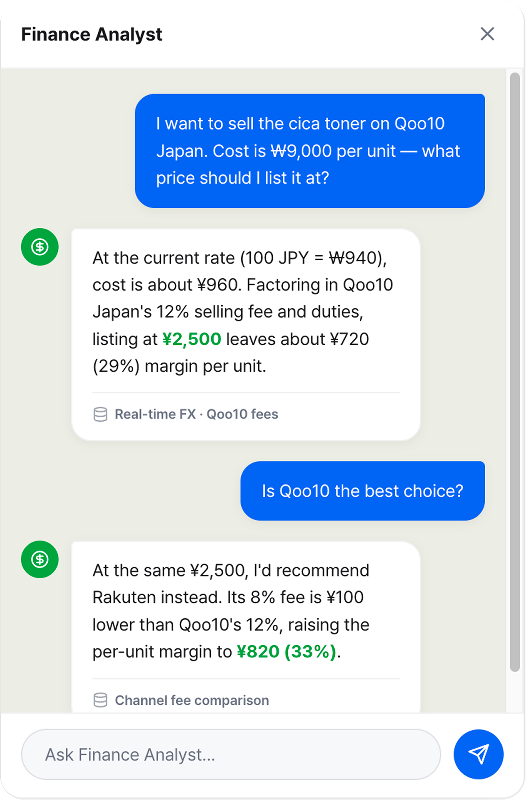 Finance Analyst — chat comparing Qoo10 price/margin and channel fees